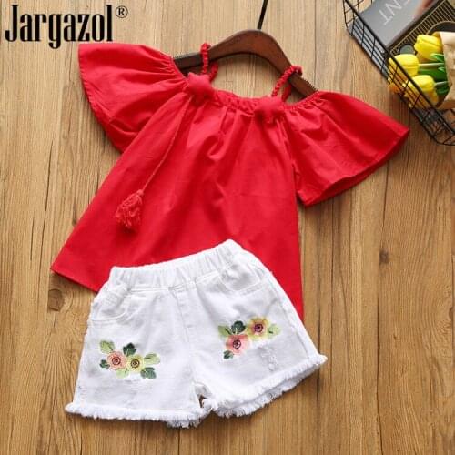 Girls Clothes Set Summer Off Shoulder Shirt with Jeans Shorts Cute 2 Pcs Children Flower Clothing Set Drop Shipping