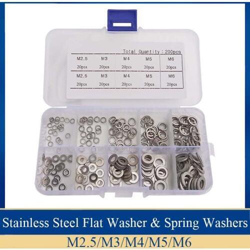 200pcs lock washers set stainless steel m2.5 m3 m4 m5 m6 Flat Washer and spring lock washer assortment kit