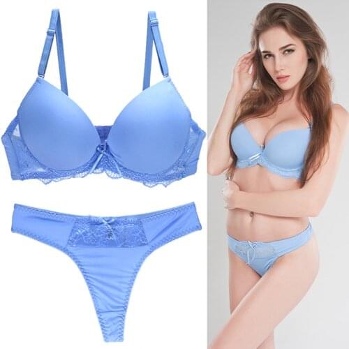 Blue Push Up Lace Bra Set Underwear Women Set Adjusted Straps Bra for Female A B C D E Bra and Panty Set 32 34 36 38 40 42 44