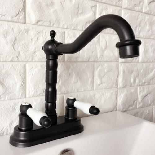 Black Oil Rubbed 4" Centerset Brass Kitchen Bathroom Vessel Sink Two Holes Basin Swivel Faucet Dual Handles Water Tap ahg068
