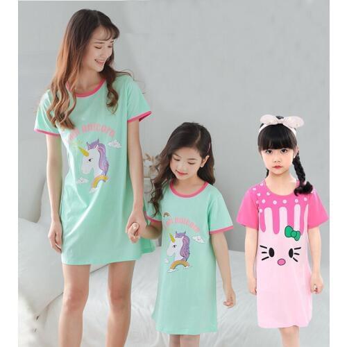 Summe Cotton Girls Unicorn Nightgowns For Mother Kids Night Dress Baby Cartoon Sleepwear Childrens Pajamas Sleepshirt Gecelik