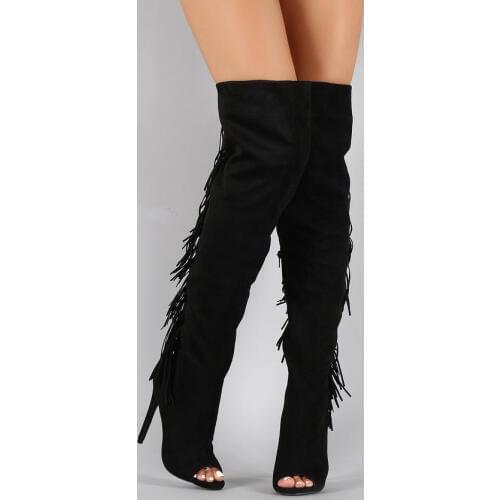 Ladies Hot Selling Open Toe Black Suede Leather Knee High Tassels Boots Zipper-up Long Fringes Thin Heel Long High Heel Boots