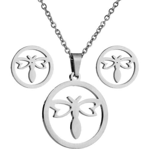 Metal Chain Butterfly Jewelry Set Stainless Steel Round Butterfly Necklace Earrings Set