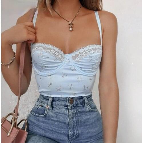 Fashion Lace Patchwork 90s Outfits Crop Tops y2k Aesthetic Floral Print Women Corset Top Sexy Spaghetti Strap Tops