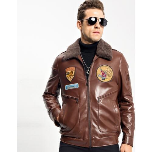 Mens Shearling Fur Coat Short Genuine Flight Leather Jacket Motorcycle Outerwear Removable Wool Collar Aviator Jacket