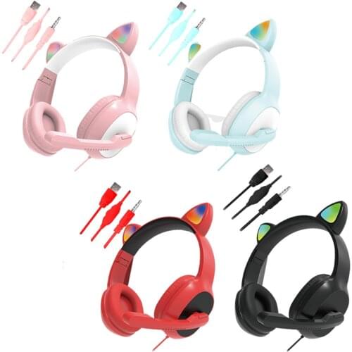 Over Ear USB Cat Ear Surround Sound Wired Headset Lightweight for PC Games Online Teaching
