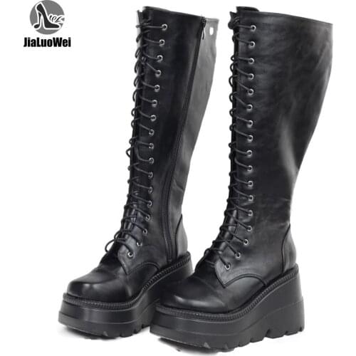 Jialuowei 2021 New Punk Style 11CM High Wedge Heel Platform Knee-High Martin Boots