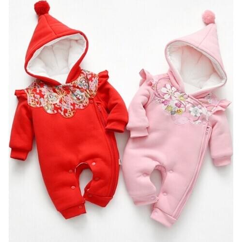 New Year Baby Clothes Infant Outfit Winter Boys And Girls Thicken With Hooded Long Sleeve Cotton Rompers Jumpsuits For 0-24M