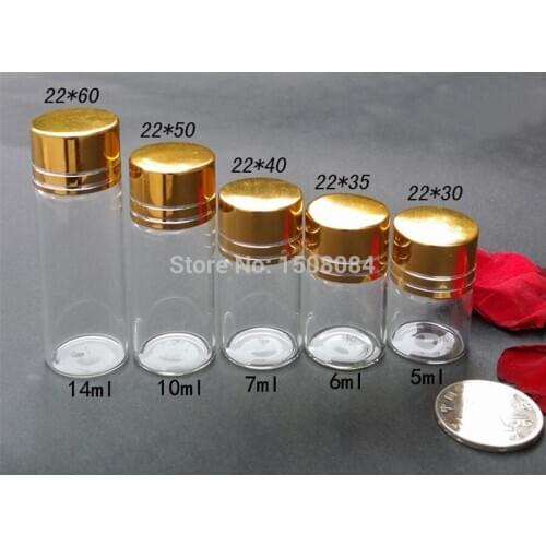 Wholesale 10 Pcs 7ml Small Clear Empty Bottles Glass Vials With golden Screw Caps 22*40MM