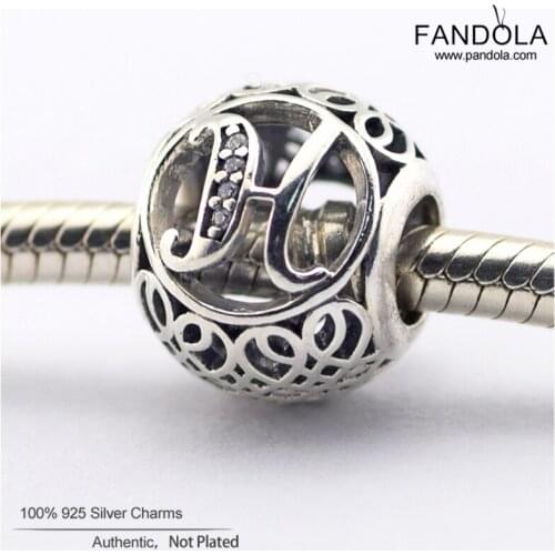 Authentic 925 Sterling Silver Beads Clear CZ Alphabet Vintage H Charms Fit Original Pandora Bracelet Women DIY Jewelry Making