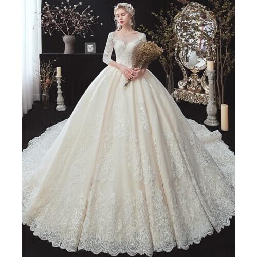 Dubai O neck Sexy Champagne Luxury Wedding Dresses 2020 Lace Applique Half Sleeves Bridal Gowns customer sizes