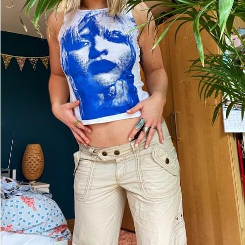 Sexy Esthetische Tanks Top Vrouwen Gezicht Portret Grafische Print Slim Fit Mouwloze Crop Top Vintage E-meisje Vest Streetwear