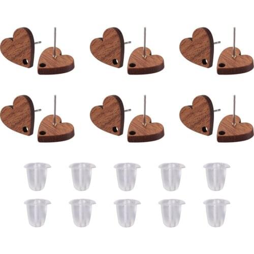 1Set Natural Heart Shape Wood Stud Earring Findings Connectors with Plastic Ear Nuts for DIY Handcraft Wooden Earrings Accessory