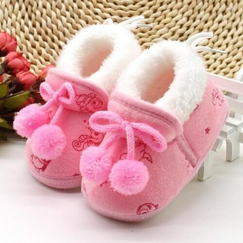Autumn Winter 0-1 Year Old Baby Girls Puffer Ball Soft Sole Warm Toddler Shoes Candy Color Furry Boots Childrens New Year Gifts
