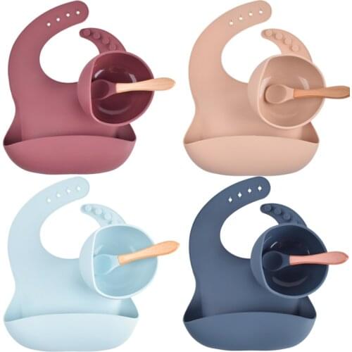 1Set Silicone Baby Feeding Tableware Set Food Grade Waterproof Bibs Baby Plate Feedings Suction Bowl Kids BPA Free Spoon Set