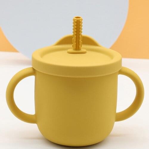 T5EC 300ml Portable Baby Silicone Snack Cup Infants Feeding Food Bowl with Double Handle No Spill Snack Container Straw Water