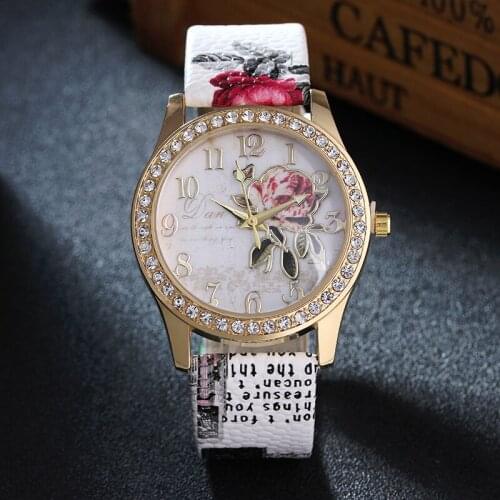 Ladies watch with diamond-studded gold shell belt decoration fashion trend rose flower print strap ladies watch