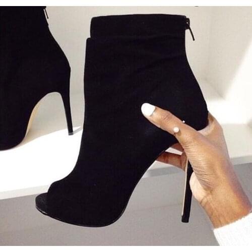 Women Open Toe Black Suede Leather Ankle Bootie Back Zipper-up Ankle Boots Thin Heel Classical High Heel Short Boots