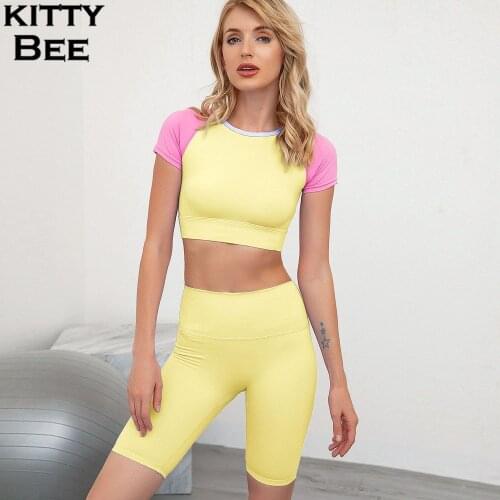 2pcs Women Yoga Set Short Sleeve Sport Set Women Fitness Gym Set Workout Clothes For Women Crop Top + Shorts Set Women Tracksuit