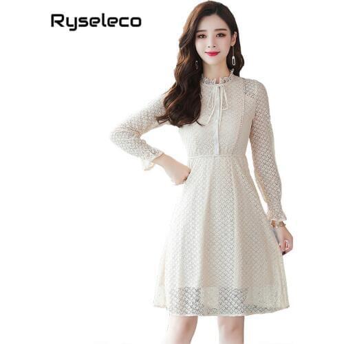 Autumn Lace Dress Womens Elegant Casual Slim Ruffles Neck Sexy Hollow Out Runway A-Line Vintage Floral Crochet Bow Basic Dresses