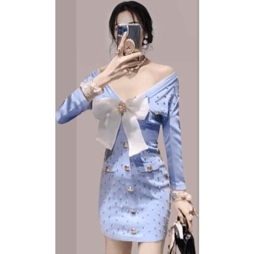 Designer Fashion Long Sleeve Sexy Deep V-Neck Knitted Dresses Women Runway Sweet Bowknot Beaded High Waist Sweater Dress