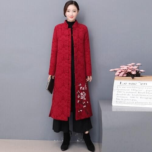 Chinese Style O-Collar Winter Coat Women 2020 Fashion Flower Printed Cotton Loose Coat Female National Style Big Size Outerwear