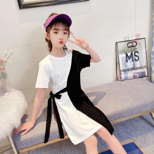 2021 Fashionable Summer Girls Dress Color Contrast Splicing Super Fairy Princess Mini Cotton Dress With Belt 10 12 14 Years Old