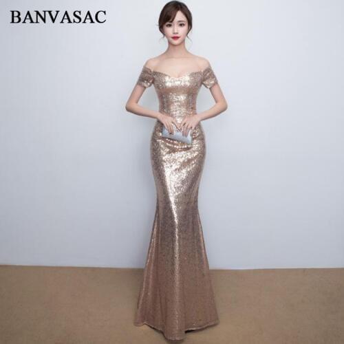 BANVASAC 2018 Sweetheart Sequined Off The Shoulder Mermaid Long Evening Dresses Short Sleeve Backless Party Prom Gowns