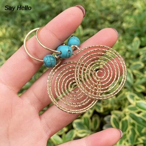 SAY Big Round Pendant Drop Earrings for Women Metal Turquoises Stone Earrings Dangle Earrings Ohrring A0103