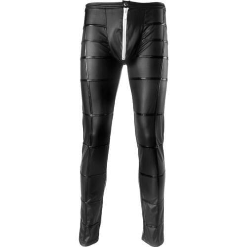Man Pencil Pants PU Leather Zipper Wetlook Trousers Motorcycle Streetwear Gay Open Crotch Lingerie Fetish Leggings Plus Size