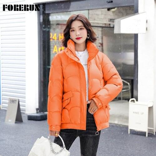 FORERUN Orange Puffer Jackets Women Winter Coat Solid Stand Collar Cotton Padded Warm Solid Bomber Bubble Coat Chemise Femme