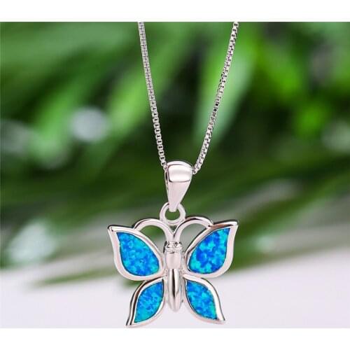 Dainty Female Butterfly Pendants Necklaces Classic Silver Color Wedding Necklace Charm Blue Opal Stone Necklaces For Women