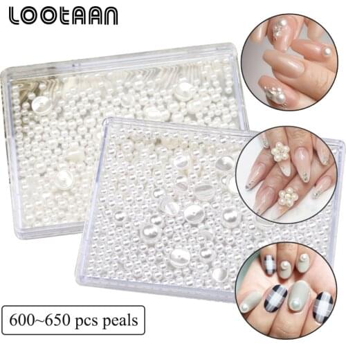 Lootaan 600~650 Pcs Nail Art Pearls Decorations for 3D Nail Art Tool Round Radian Pearls Manicure Jewels Nail Rhinestones