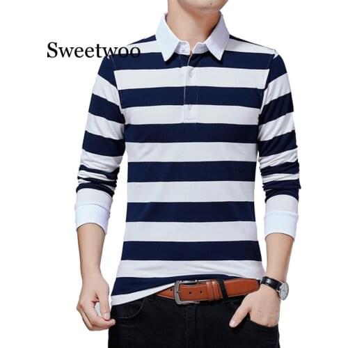 Autumn Hot Sale 2020 New Mens T Shirt Stripe Turn-down Collar Cotton Long Sleeve Leisure T-shirt Big Size Tops