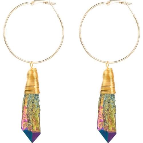 Irregular Wire Wrap Rainbow Quartz Dangle Earrings for Women Healing Stone Jewelry