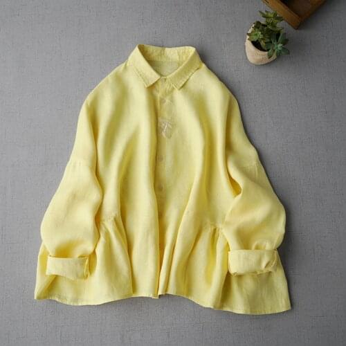 Basic loose linen flat shoulder long sleeve shirt womens spring new top art versatile Linen Shirt 2021-2-7