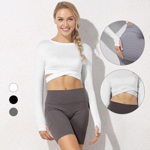 INFILA Yoga Long Sleeves Shirts Sexy Crisscross Sport Crop Tops Female Push Up Outfit For Women Quick Dry Fitness Gym Clothes
