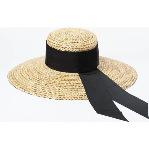 Women 12cm 15cm Big Wide Brim Summer Hat Fine Handmade Straw Hat White Black Band UV Sun Hat Ladies Beach Hat Wedding Derby Hat