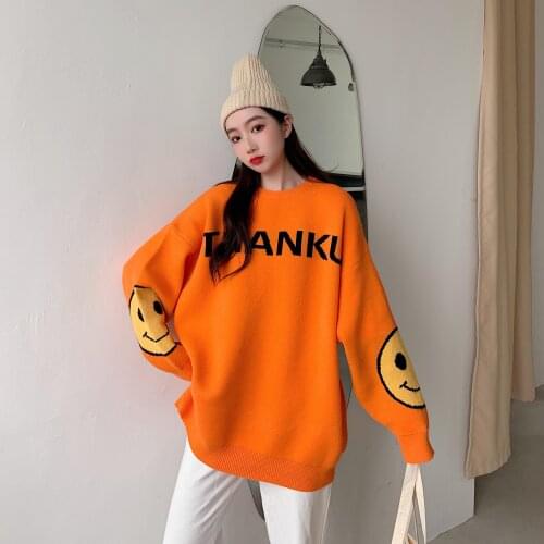 Smiling Face Sweater Female Loose And Thin Pullover Round Neck Lazy Style Versatile Knitted Orange Top Spring