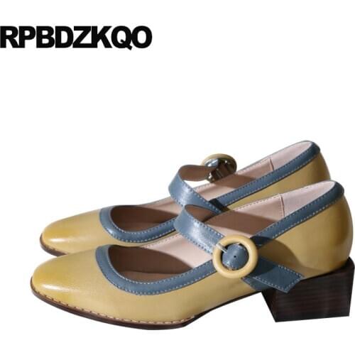 Square toe yellow thick size 4 34 pumps ladies designer fashion shoes brand mary jane china medium heels 2019 genuine leather