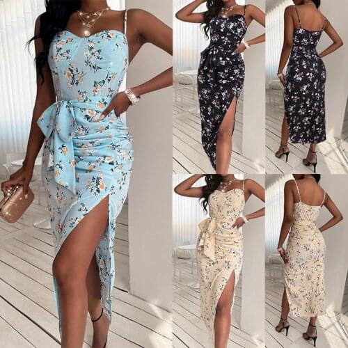 Summer New Style Temperament Slim Skirt Sells Long Skirt Printing To Open Fork Condole Belt Dress sexy One Step