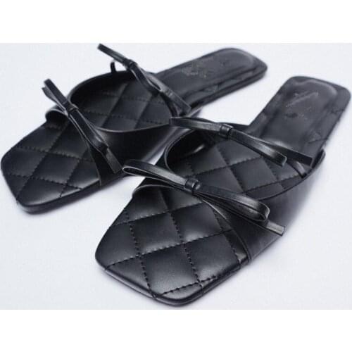 Brand Slippers Women Summer Luxury 2021 New Fashion One Word Buckle Bow Flat-Heeled Beach Sandals Plus Size 41 Chaussure Femme