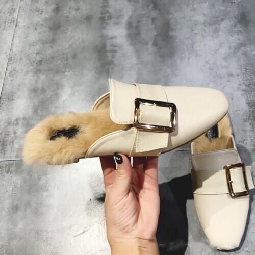 Women Autumn Winter Plush Mules Fashion Square Buckle Flat Shoes Warm Rabbit Fur Slides Fashion Mules Elegant Ladies Slippers