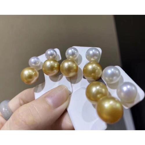 D318 Fine Jewelry Pure 18 K Gold Natural Ocean Sea Golden Pearls Stud Earrings 7-10mm for Women Fine Pearl Earrings