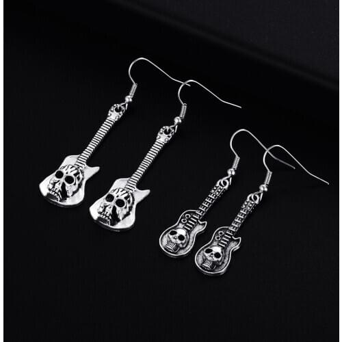 Trendy Vintage Guitar Shape Dangle Antique Silver Plated Earrings for Women Girl Retro Drop Earrings Cute Earring Jewelry