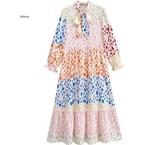 New Spring Women Vintage Loose High Waist Slim Was Thin Elegant Fashion Printing Circle Dot Maxi Dress