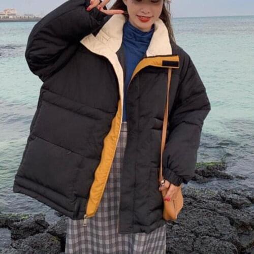 Winter Jacket Women Cotton Padded Bread Coat Fake Two Stand Collar Thickened Loose Black Warm Streetwear Fashion Bubble Coat