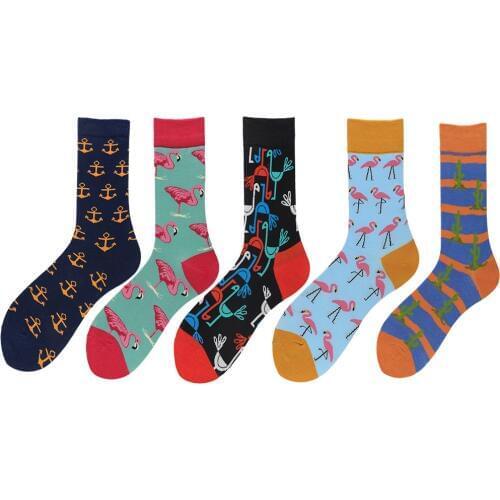5pairs/lot High Quality Men Happy Socks Funny Flamingo Cactus Striped Socks Men Combed Cotton Calcetines Largos Hombre