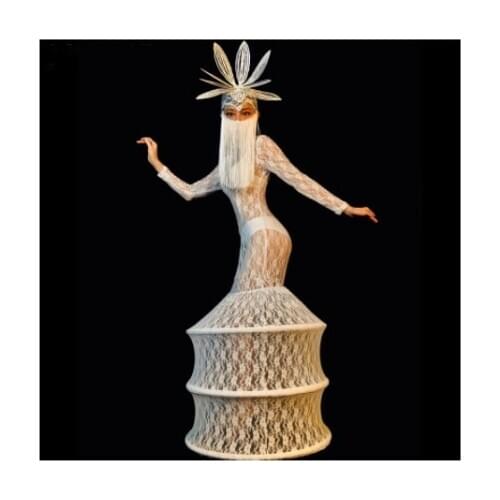 White Lace Perspective Dress Tassel Masked Headdress Nightclub Party Women Singer Stage Costume Models Catwalk Show Long Dress