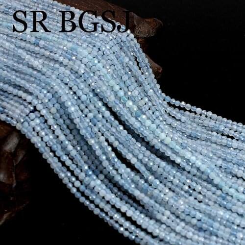 Free Shipping 2mm Faceted Round Aquamarine Gems Natural Stone Diy Small Seed Beads 15"
